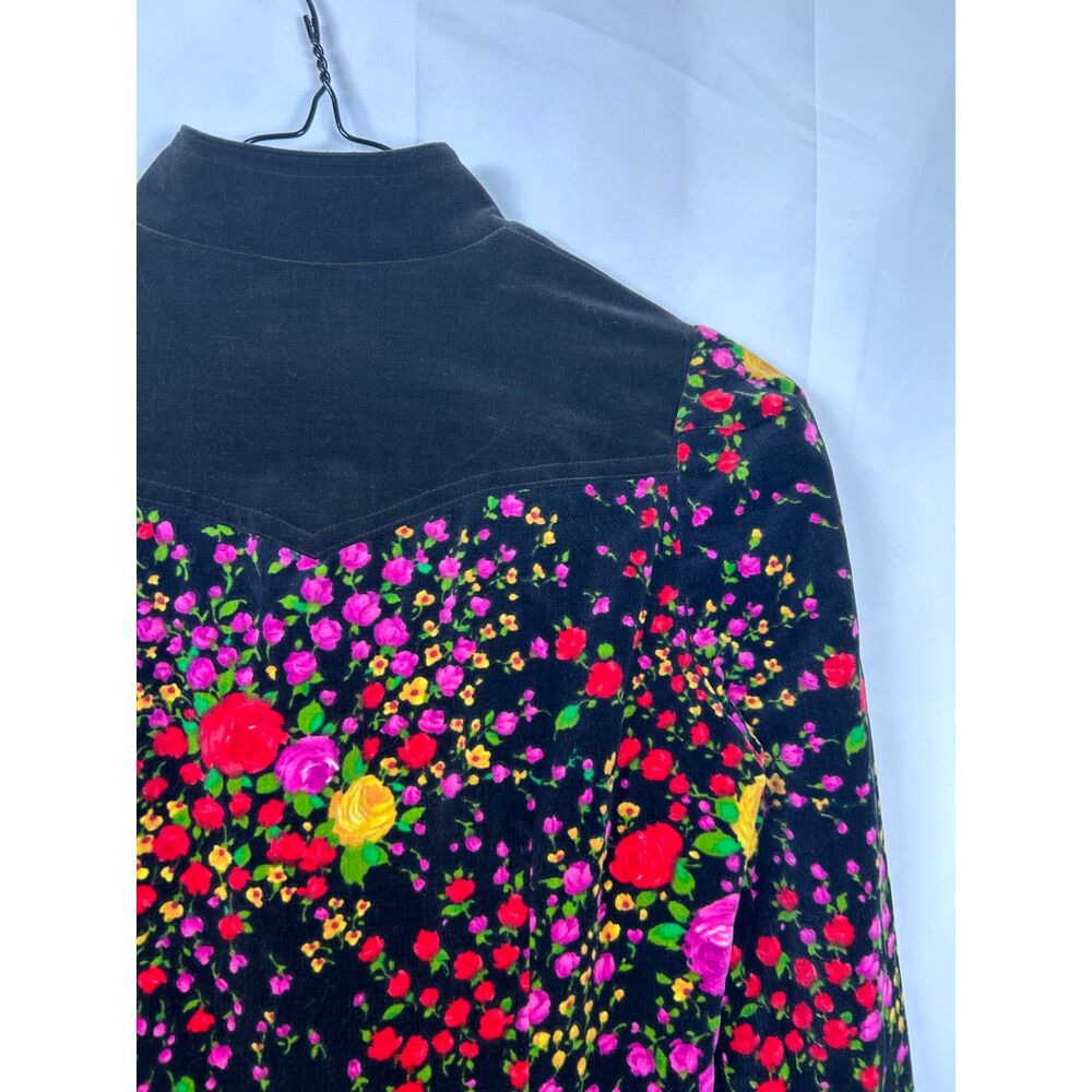 Vintage 70s Orphee Paris Floral Velvet Mini Dress XS Black French Mod Psych - Picture 8 of 16
